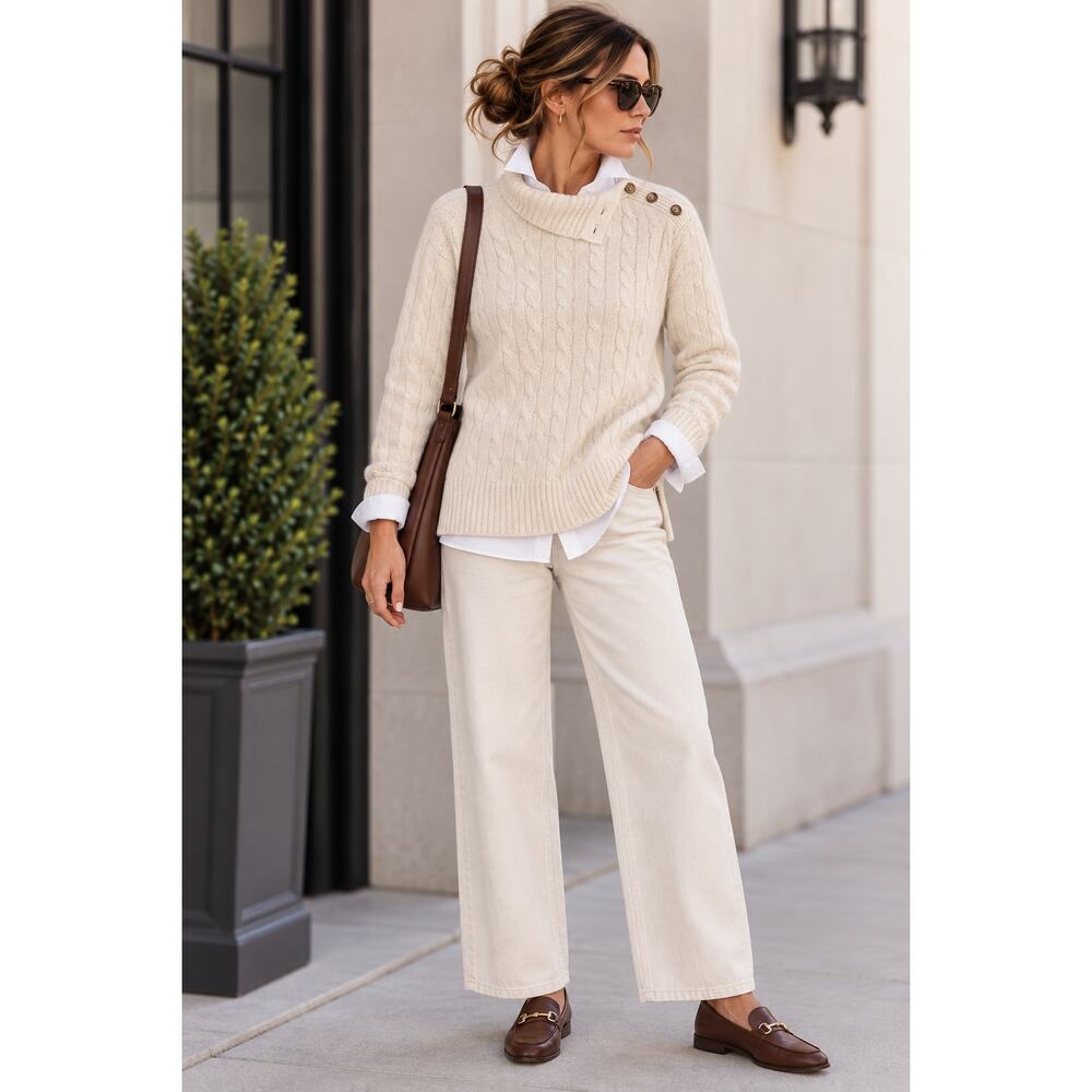 Polo Ralph Lauren Wool Cashmere Cream Cable Knit Turtleneck Sweater size Large - Picture 2 of 7